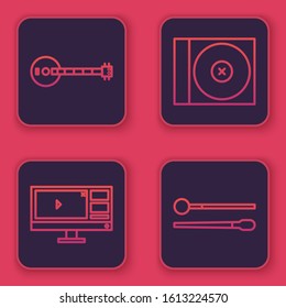 Set line Banjo, Video recorder or editor software on monitor, CD or DVD disk and Drum sticks. Blue square button. Vector