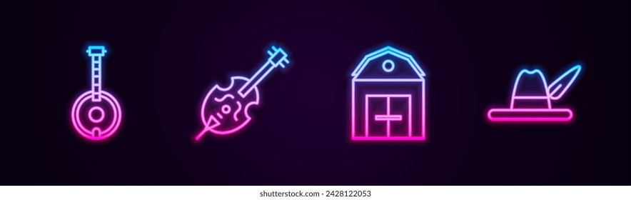 Set line Banjo, Violin, Farm House and Oktoberfest hat. Glowing neon icon. Vector