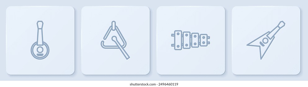 Set line Banjo, Xylophone, Triangle and Electric bass guitar. White square button. Vector