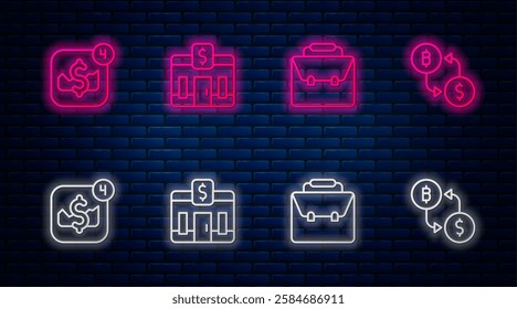 Set line Bank building, Briefcase, Mobile stock trading and Cryptocurrency exchange. Glowing neon icon on brick wall. Vector