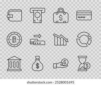 Set line Bank building, Ampulheta com dólar, Porta-arquivos e dinheiro, Saco de dinheiro, Carteira, terminal Pos, Dádiva de mão e gráfico de pizza ícone infográfico. Vetor