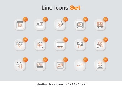 Set line Bank building, Money exchange, Video chat conference, Sell button, Time is money, Business negotiations, Push pin and Chalkboard icon. Vector