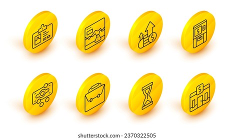 Set line Bank building, Old hourglass, Briefcase, Stacks paper money cash, ATM and, Financial growth coin, Failure stocks market and Identification badge icon. Vector