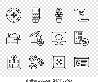 Establecer línea Edificio del banco, banca en línea con dólar, planta de dólar, moneda de dinero, caja fuerte, descuento por porcentaje de la casa, y el icono. Vector