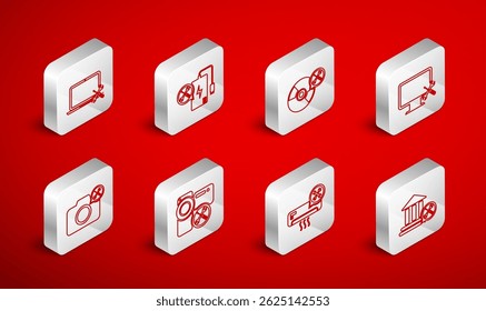 Definir linha Banco serviço de construção, Banco de energia, CD ou DVD disco, Monitor de computador, Ar condicionado, Laptop, Câmera de vídeo e ícone de foto. Vetor