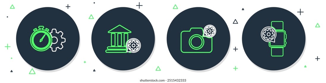 Set line Bank building setting, Photo camera, Time management and Smartwatch icon. Vector