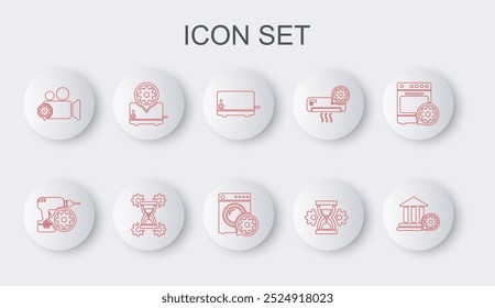 Set line Bank building setting, Drill machine, Toaster, Hourglass, Video camera,  and Washer icon. Vector