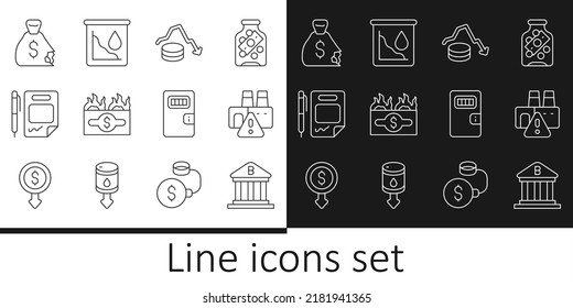 Set line Bank building, Shutdown of factory, Dollar rate decrease, Burning dollar bill, Contract money and pen, Money bag, Prison cell door and Drop crude oil price icon. Vector