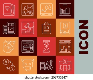 Set line Bank building, Website with growth graph, Financial book, Online internet auction, Business finance report, Office folders and  icon. Vector