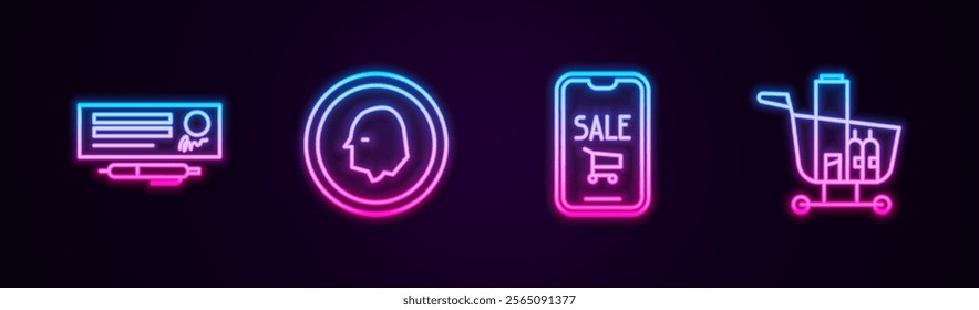 Set line Bank check and pen, Coin money, Mobile phone shopping cart and Shopping food. Glowing neon icon. Vector
