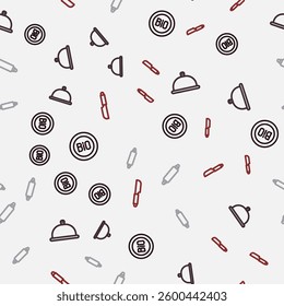 Set line Banner for bio, Covered with tray of food, Rolling pin and Knife on seamless pattern. Vector