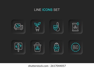 Set line Banner for bio, Eco nature leaf battery, Infectious waste, Recycle symbol, Radioactive in barrel, Thermometer, Electric saving plug and Garbage truck icon. Vector