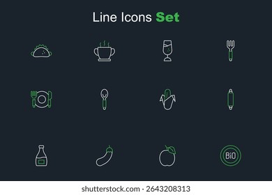 Set line Banner for bio, Plum fruit, Eggplant, Sauce bottle, Rolling pin, Corn, Spoon and Plate, fork and knife icon. Vector