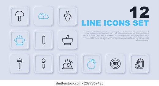 Set line Banner for bio, Steak meat, Rolling pin, Plum fruit, Bowl of hot soup, Spoon, Chicken egg and Roasted turkey chicken icon. Vector