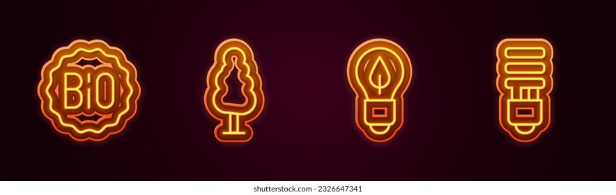 Set line Banner for bio, Tree, Light bulb with leaf and LED light. Glowing neon icon. Vector