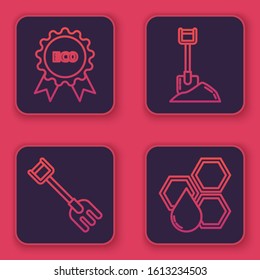 Set line Banner, label, tag, logo for eco, Garden rake, Shovel in the ground and Honeycomb. Blue square button. Vector