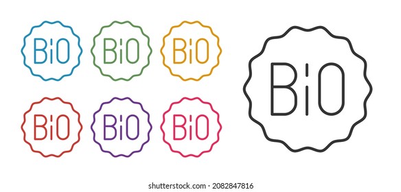 Fijar la línea Banner, label, tag, logo para un ícono de comida bio-verde saludable aislado en fondo blanco. Producto orgánico. Pegatina de comida saludable. Indique los iconos en colores. Vector
