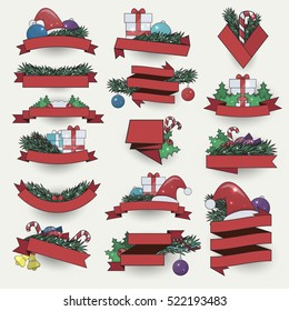 Set of line banners and ribbons of Merry Christmas with presents, fir branches, balls and Santa hat. Concept of Happy New Year.