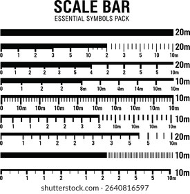Set of line and bar scales of map. Distance measurement chart templates for navigation, travel. Cartography graphic elements isolated on white background 