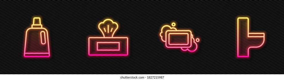 Set line Bar of soap, Bottle for cleaning agent, Wet wipe pack and Toilet bowl. Glowing neon icon. Vector