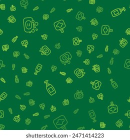 Set line Bar of soap, Bottle liquid and Perfume on seamless pattern. Vector