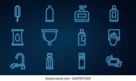 Barra de jabón, servicio de limpieza, champú de botella, copa menstrual, paquete de toallitas húmedas, tampón sanitario, para agente de limpieza e icono de condón. Vector