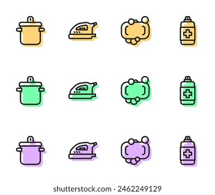 Set line Barra de jabón, olla de cocina, plancha eléctrica e icono antibacterial. Vector