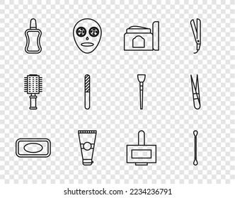 Set line Bar of soap, Cotton swab for ears, Cream cosmetic tube, Lotion, Nail polish bottle, file,  and Eyebrow tweezers icon. Vector