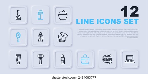 Set line Bar of soap, Eye shadow palette with brush, Bottle shampoo, Cream or lotion cosmetic tube, Hand mirror, Shaving razor, Deodorant roll and Essential oil bottle icon. Vector