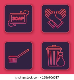 Set line Bar of soap with foam , Toilet brush , Rubber gloves  and Trash can and garbage bag . Blue square button. Vector