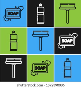 Set line Bar of soap with foam , Squeegee, scraper, wiper and Plastic bottles for liquid dishwashing liquid icon. Vector