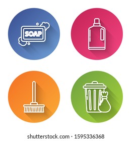 Set line Bar of soap with foam , Plastic bottles for liquid dishwashing liquid, Mop  and Trash can and garbage bag . Color circle button. Vector