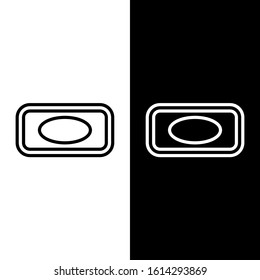 Set line Bar of soap with foam icon isolated on black and white background. Soap bar with bubbles.  Vector Illustration