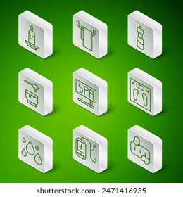 Set line Bar of soap with foam, Music player, Burning candle, Spa salon signboard, Honey dipper stick bowl, Towel hanger, Water drop and Bathroom scales icon. Vector