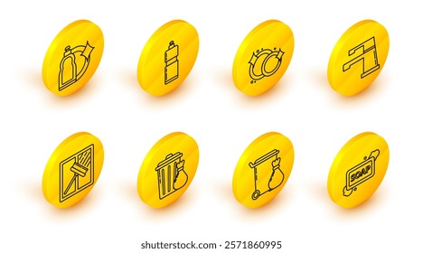 Set line Bar of soap with foam, Trash can, and garbage bag, Squeegee, scraper, wiper, Water tap, Washing dishes, Plastic bottles for liquid dishwashing liquid and  icon. Vector