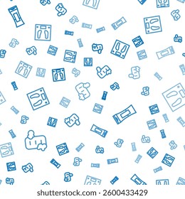 Set line Bar of soap with foam, Bottle shampoo and Bathroom scales on seamless pattern. Vector
