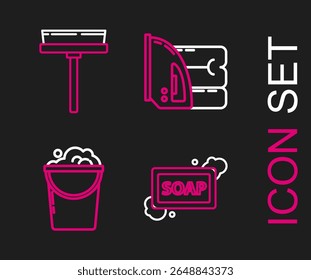 Set line Bar of soap with foam, Bucket and bubbles, Electric iron towel and Squeegee, scraper, wiper icon. Vector