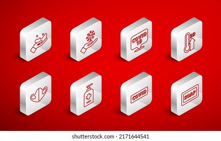 Set line Bar of soap, Hand with virus, Corona on location, High human body temperature, covid-19, Washing hands, Liquid antibacterial and Medical protective mask icon. Vector