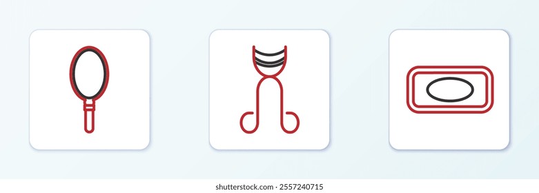 Set line Bar of soap, Hand mirror and Eyelash curler icon. Vector