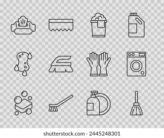 Set line Bar of soap, Handle broom, Bucket with foam, Brush for cleaning, Wet wipe pack, Dishwashing liquid bottle and Washer icon. Vector