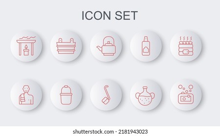 Set line Bar of soap, Man in the sauna, Kettle with handle, Essential oil bottle, Aroma candle, Sauna bucket,  and ladle icon. Vector