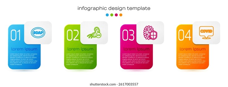 Set line Bar of soap, Negative virus, Shield protecting from and Corona covid-19 on location. Business infographic template. Vector