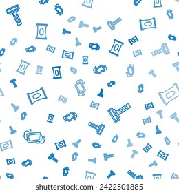 Set line Bar of soap, Shaving razor and Wet wipe pack on seamless pattern. Vector