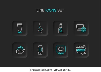 Set line Bar of soap, Smiling lips, Bottle shampoo, Shaving foam on hand, Sunscreen cream tube, nail polish, Acne and Cream or lotion cosmetic icon. Vector