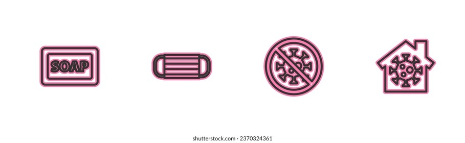 Set line Bar of soap, Stop virus, Medical protective mask and Stay home icon. Vector