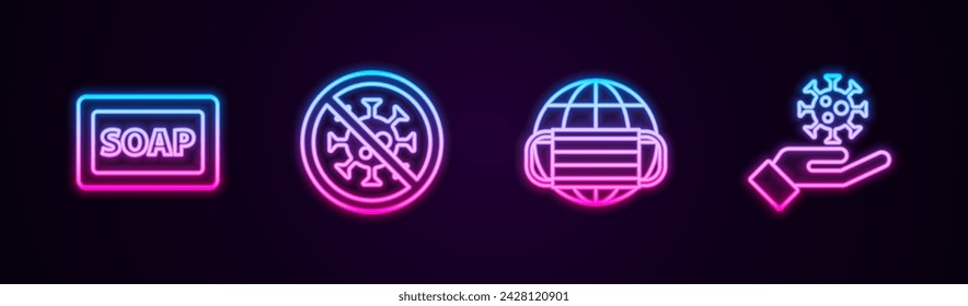 Fije la barra de jabón, Detenga el virus, Tierra con la máscara médica y la mano. Icono de neón brillante. Vector
