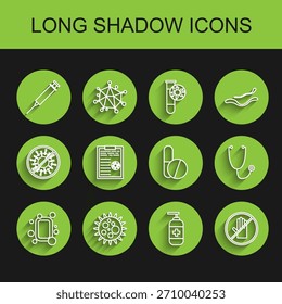 Set line Bar of soap, Virus, Syringe, Bottle liquid antibacterial, No handshake, Clipboard with blood test results, Stethoscope and Medicine pill or tablet icon. Vector
