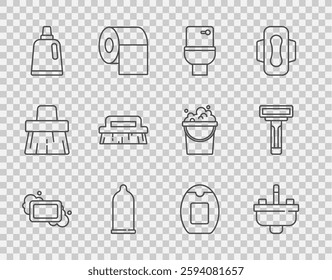 Set line Bar of soap, Washbasin with water tap, Toilet bowl, Condom, Bottle for cleaning agent, Brush, shampoo and Shaving razor icon. Vector