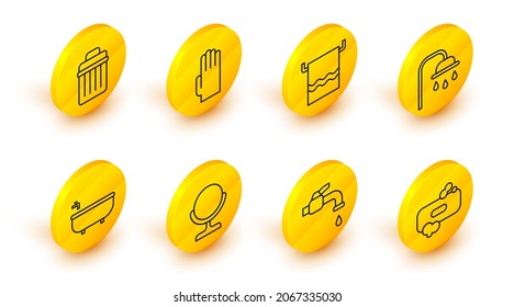 Set Line Bar Of Soap, Water Tap, Round Makeup Mirror, Bathtub, Shower Head, Towel On Hanger, Rubber Gloves And Trash Can Icon. Vector