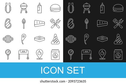 Set line Barbecue coal bag, Steak meat, Crossed fork and spatula, Sauce bottle, Burning match with fire, Meat tongs and  icon. Vector